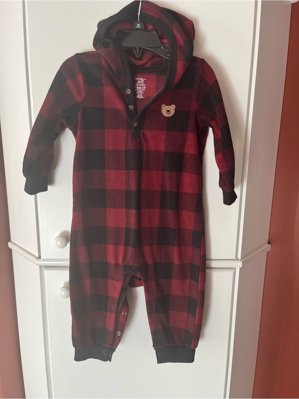 George Red and Black Buffalo Plaid Hooded Baby Romper